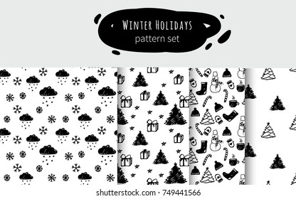 Vector seamless Christmas and New Year cartoon pattern set. Black and white. With x-mas tree, snowflakes, gifts for paper, textile, handmade decoration, scrap-booking, polygraphy, t-shirt, cards.