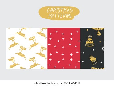 Vector seamless Christmas and New Year cartoon pattern set. Red, gold and black. Pattern collection for paper, textile, handmade decoration, scrap-booking, polygraphy, t-shirt, cards.