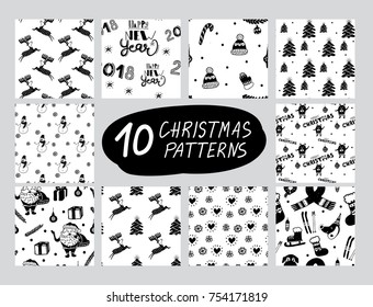 Vector seamless Christmas and New Year cartoon pattern set. Black and white. Nordic pattern collection for paper, textile, handmade decoration, scrap-booking, polygraphy, t-shirt, cards.