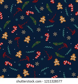 Vector Seamless Christmas and New Year`s pattern. Winter and Christmas elements on a dark background. Wrap for gifts. Vector illustration. Doodle style.