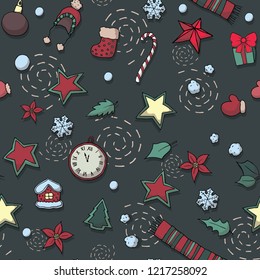Vector Seamless Christmas and New Year`s pattern. Winter and Christmas elements on a dark background. Wrap for gifts. Vector illustration. Doodle style.