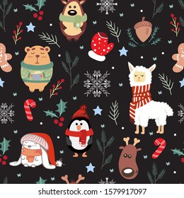 Vector Seamless Christmas and New Year`s pattern. Winter and Christmas elements. Wrap for gifts. Vector illustration. Doodle style.