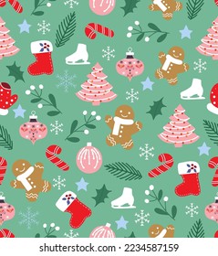 Vector Seamless Christmas and New Year`s pattern. Winter and Christmas elements. Wrap for gifts. Vector illustration. Doodle style.