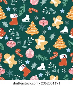 Vector Seamless Christmas and New Year`s pattern. Winter and Christmas elements. Wrap for gifts. Vector illustration. Doodle style.