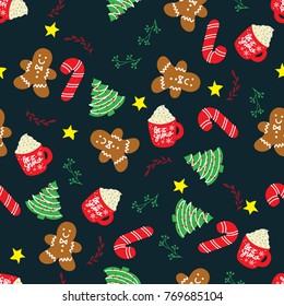 Vector Seamless Christmas and New Year`s pattern. Winter and Christmas elements on a dark background. Wrap for gifts. Vector illustration. Doodle style.