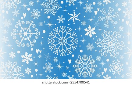 Vector seamless Christmas and New-Year hand drown pattern with white snowflakes and stars on a transparent gradient background	
