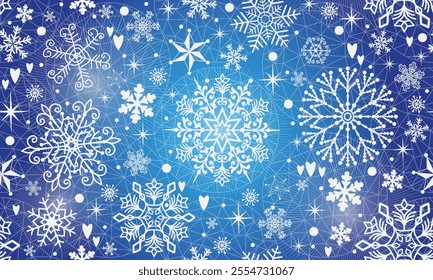 Vector seamless Christmas and New-Year hand drown pattern with white snowflakes and stars and bslls on a blue gradient background	
