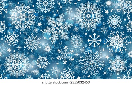 Vector seamless Christmas and New-Year hand drown pattern with doodle snowflakes and stars and gradient spots on a dark blue background