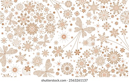 Vector seamless Christmas and New-Year hand drawn pattern with rose golden gradient snowflakes and dotted butterflies and stars on a transparent background