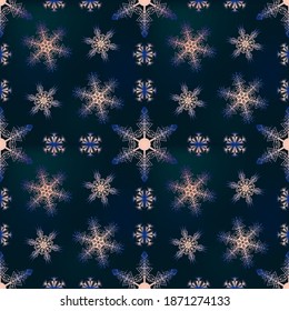 Patrón vectorial de noche de navidad sin fisuras con flamante de nieve gradiente de navidad decorativa aislado en fondo azul oscuro para decorar las vacaciones de año nuevo para la decoración