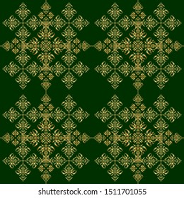 Vector seamless Christmas ornament pattern. Glittering background illustration in golden and green colors.