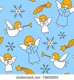 Vector seamless christmas pattern with angels, christmas stars and snowflakes