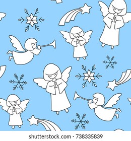 Vector seamless christmas pattern with angels, christmas stars and snowflakes