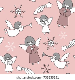 Vector seamless christmas pattern with angels, christmas stars and snowflakes