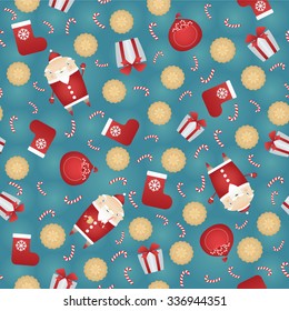 Vector seamless Christmas pattern background with Santa Claus, gift sack, gingerbread cookies, red sock, gift box and candy stick