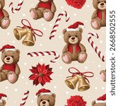 Vector seamless Christmas pattern with bear, poinsettia flower and candy.