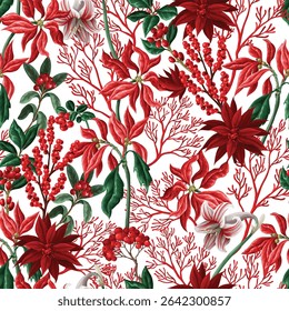 Vector seamless Christmas pattern with bells candy flowers leaves background