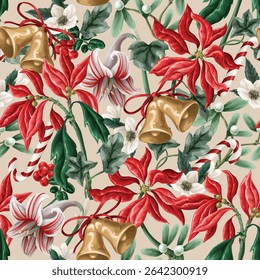 Vector seamless Christmas pattern with bells candy flowers leaves background