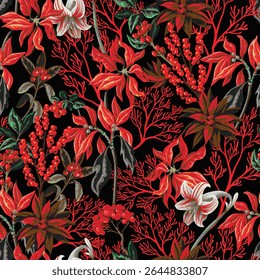 Vector seamless Christmas pattern with bells candy flowers leaves background