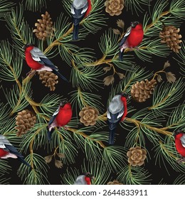Vector seamless Christmas pattern with birds, bells and branches. Vector