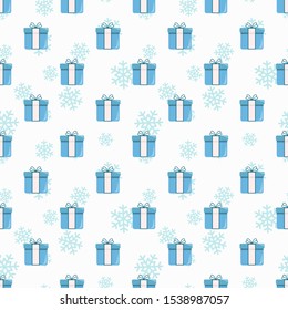 Vector seamless Christmas pattern with blue gift boxes. Holiday design for greeting card, gift box, wrapping paper, fabric, package, web design.