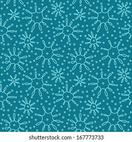 Vector seamless christmas pattern with blue snowflakes of doodle. Cute festive background in hand drawn childish style. Winter simple cute illustration. Ornamental decorative texture for print, web
