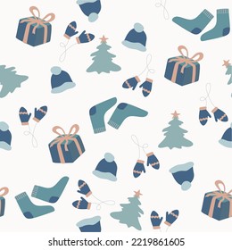 Vector seamless Christmas pattern in blue tones. For the design. Hat, scarf, Christmas tree decoration, socks, mittens, Christmas tree, gift box.