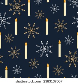 Vector seamless Christmas pattern with candles and snowflakes
