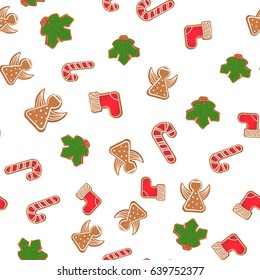 Vector seamless Christmas pattern in cartoon style with gingerbread man cookies, angel, candy, holly, sock.