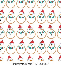 Vector seamless Christmas pattern with cookies in the shape of a snowman on a white background.