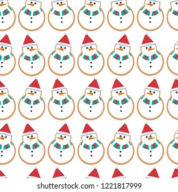 Vector seamless Christmas pattern with cookies in the shape of a snowman on a white background.