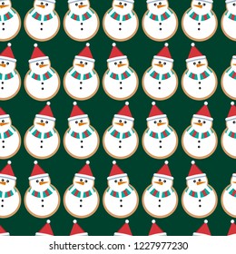 Vector seamless Christmas pattern with cookies in the shape of a snowman on a green background.