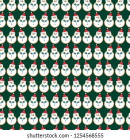Vector seamless Christmas pattern with cookies in the shape of a snowman on a green background.