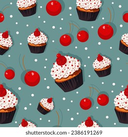 Vector seamless Christmas pattern with cupcakes and cherries.
