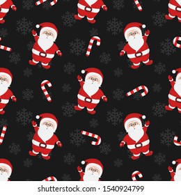 Vector seamless Christmas pattern with cute Santa Claus and christmas candies on black background. Holiday design for greeting card, gift box, wallpaper, fabric, textile, web design.