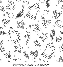 Vector seamless Christmas pattern with cute gingerbread, hot chocolate and candies. Coloring book