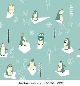 Vector seamless Christmas pattern with cute penguin. Suitable for textile, gift cards and gift wrapping paper.
