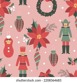 vector seamless christmas pattern with christmas decorations, holly leaves, xmas flowers, nutcrackers