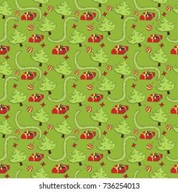 Vector seamless Christmas pattern. Pattern with Christmas decorations on green background.