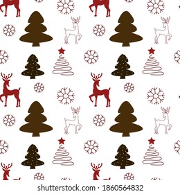 Vector seamless christmas pattern with deer, fir, tree, snowflakes and stars  in Scandinavian style for fabrics, paper, textile, gift wrap isolated on white background