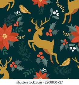 vector seamless christmas pattern with deer, poinsettia, holly leaves and berries