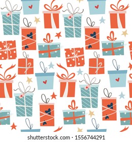 Vector seamless Christmas pattern with different presents and gift boxes. Print for fabric, wrapping paper or wallpaper. New Year and winter holidays background