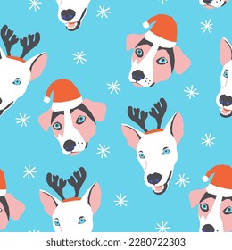 Vector seamless Christmas pattern with dogs in reindeer and Santa hats 