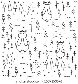 Vector Seamless Christmas pattern. Festive New Year background with rabbits and winter forest. Winter Scandinavian kids seamless pattern for fabric, textile, wallpaper, package, wrapping.