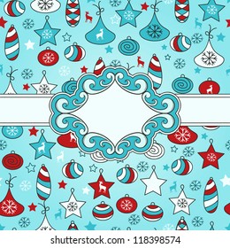 vector seamless Christmas pattern with fir tree toys with Frame for your text