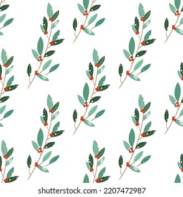 Vector seamless Christmas pattern of fir branches with red berries.
