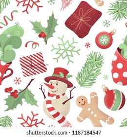 Vector seamless Christmas pattern. Flat gifts, snowman, gingerbread man, mistletoe, cup of cocoa, spruce branches, baubles, snowflakes. Hand-drawn grain texture. Red and green tileable illustration.