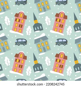 vector seamless christmas pattern in flat style with cozy snow-covered houses and trees 