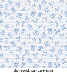 Vector seamless Christmas pattern with gift, reindeer, Christmas wreath, candy, snowflakes, ice skates,on the notebook sheet in line.New Year