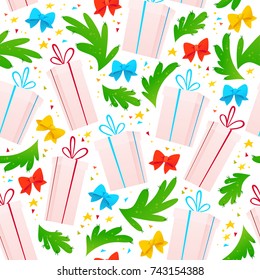 Vector seamless christmas pattern with gift box, fir tree branch, bow, confetti isolated. Cartoon style. New year merry christmas decoration. Good for xmas card, banner, poster, packaging paper design